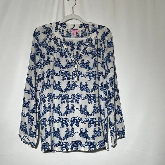 Lilly Pulitzer Elephant Long Sleeve Elsa Top Blue White Womens Size Small - Picture 6 of 11